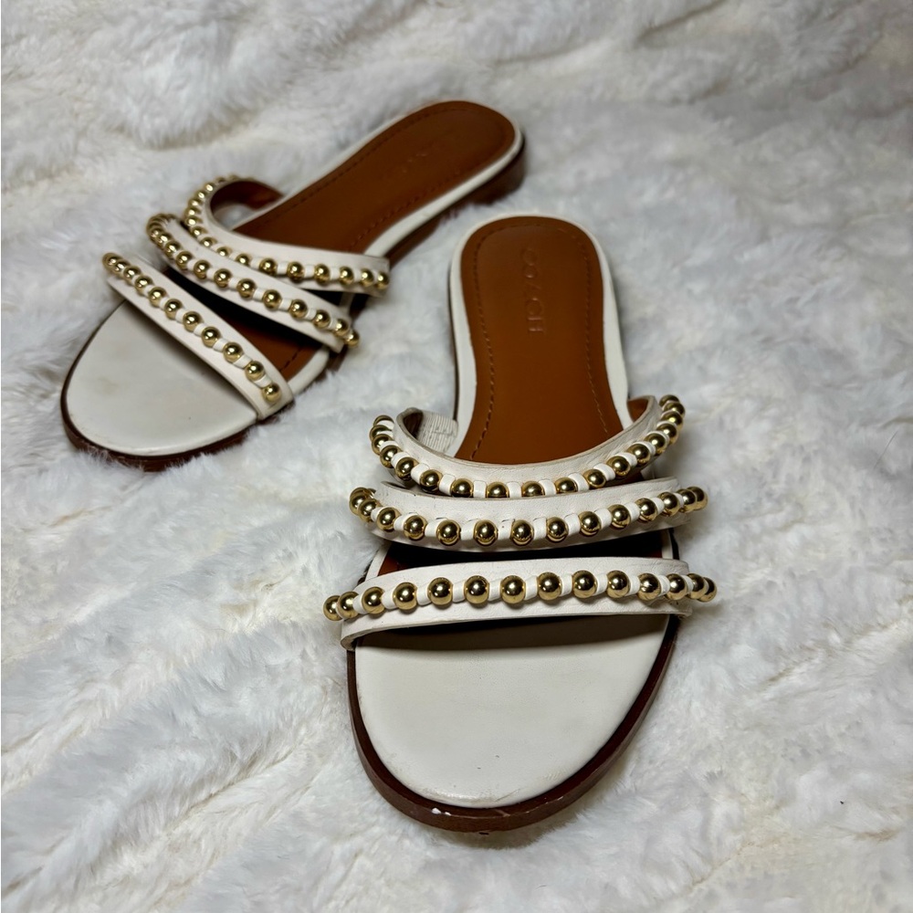 COACH - White & Gold Sandals with Gold Pearl Embellishments